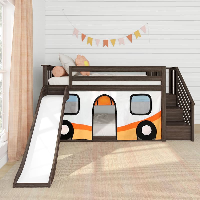 Max and Lily Classic Low Bunk with Stairs, Easy Slide and Curtain