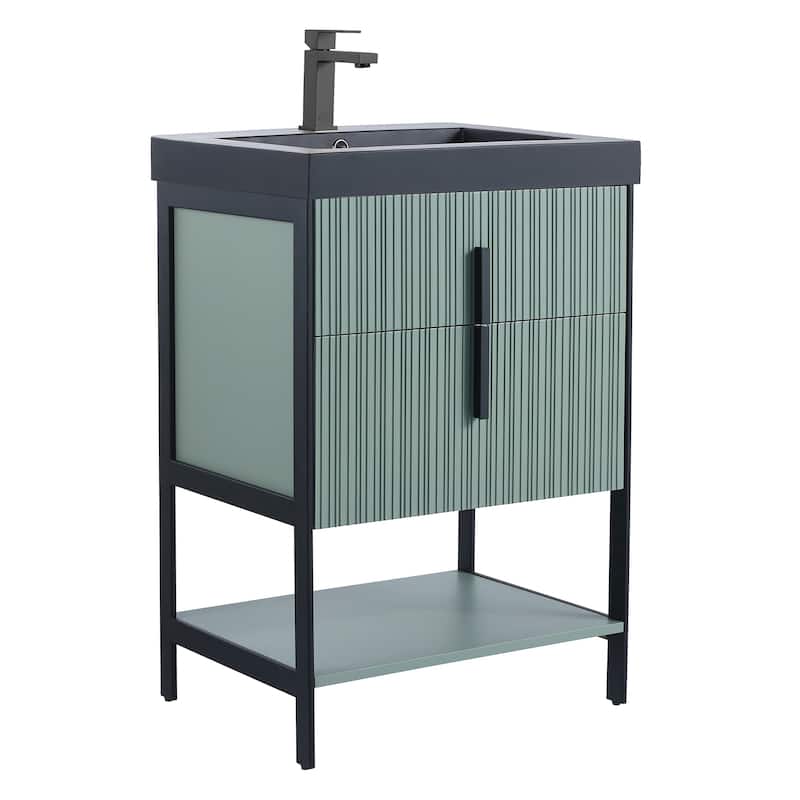 Fine Fixtures Serenity Modern Bathroom Vanity with Black Gel Acrylic Top - Mint Green - Black Hardware - 24 inch