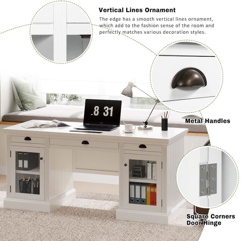 67-Inch Modern Executive Computer Desk with 2 Glass Doors Storage Cabinet & 3 Drawers