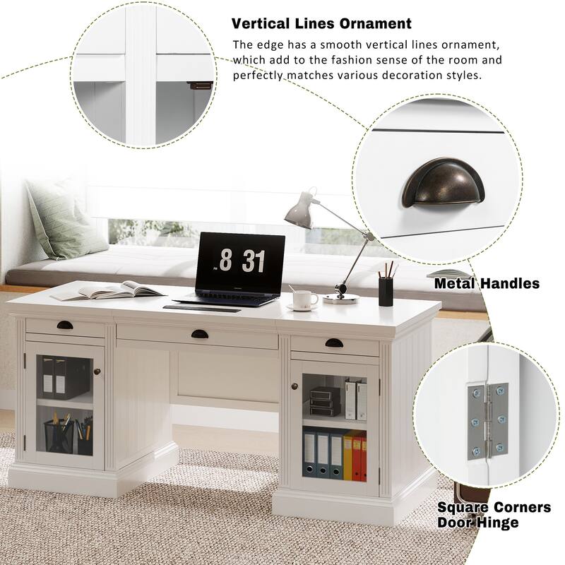 Merax Executive Storage Desk with Hidden Power Hub and Glass-Door Cabinets