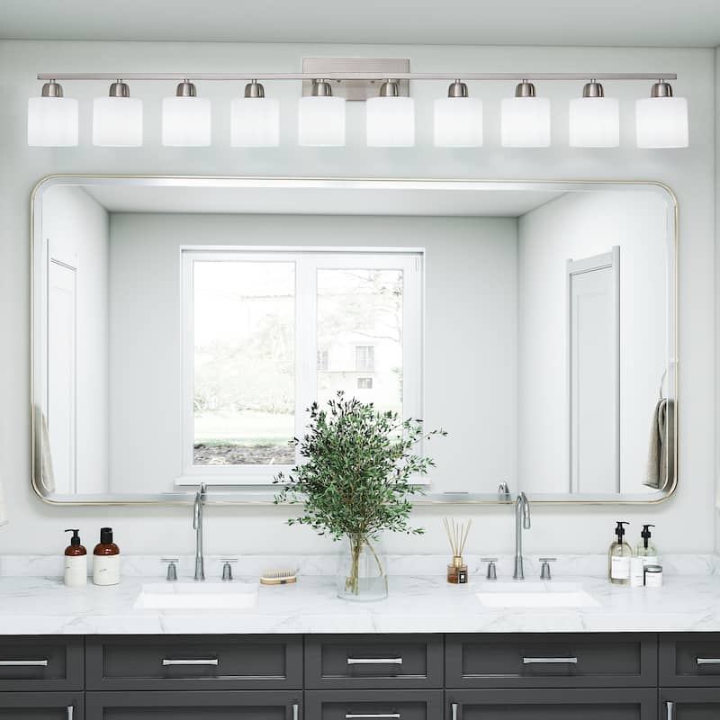 10-Light 65" Nickel Bathroom Vanity - Milky Glass - Wall Sconce for Bedroom, Living