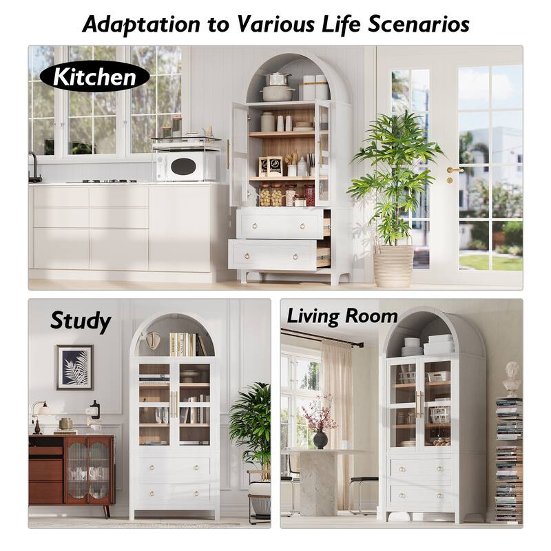 71"Tall Arched Kitchen Pantry Cabinet with 2 Large Drawers, Kitchen Storage Cabinets with Adjustable Shelves, Glass Door