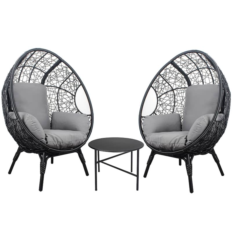 3 Pieces Patio Egg Chair with Side Table Set,Natural Rattan Wicker Egg Chairs with Think Beige Cushion for Porch Deck Backyard - Black