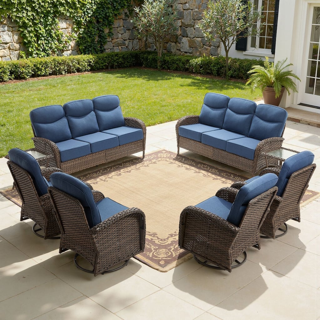 Luna 8-Piece Wicker Patio Conversation Set with Swivel Gliders and 6-Inch Thick Olefin Cushions