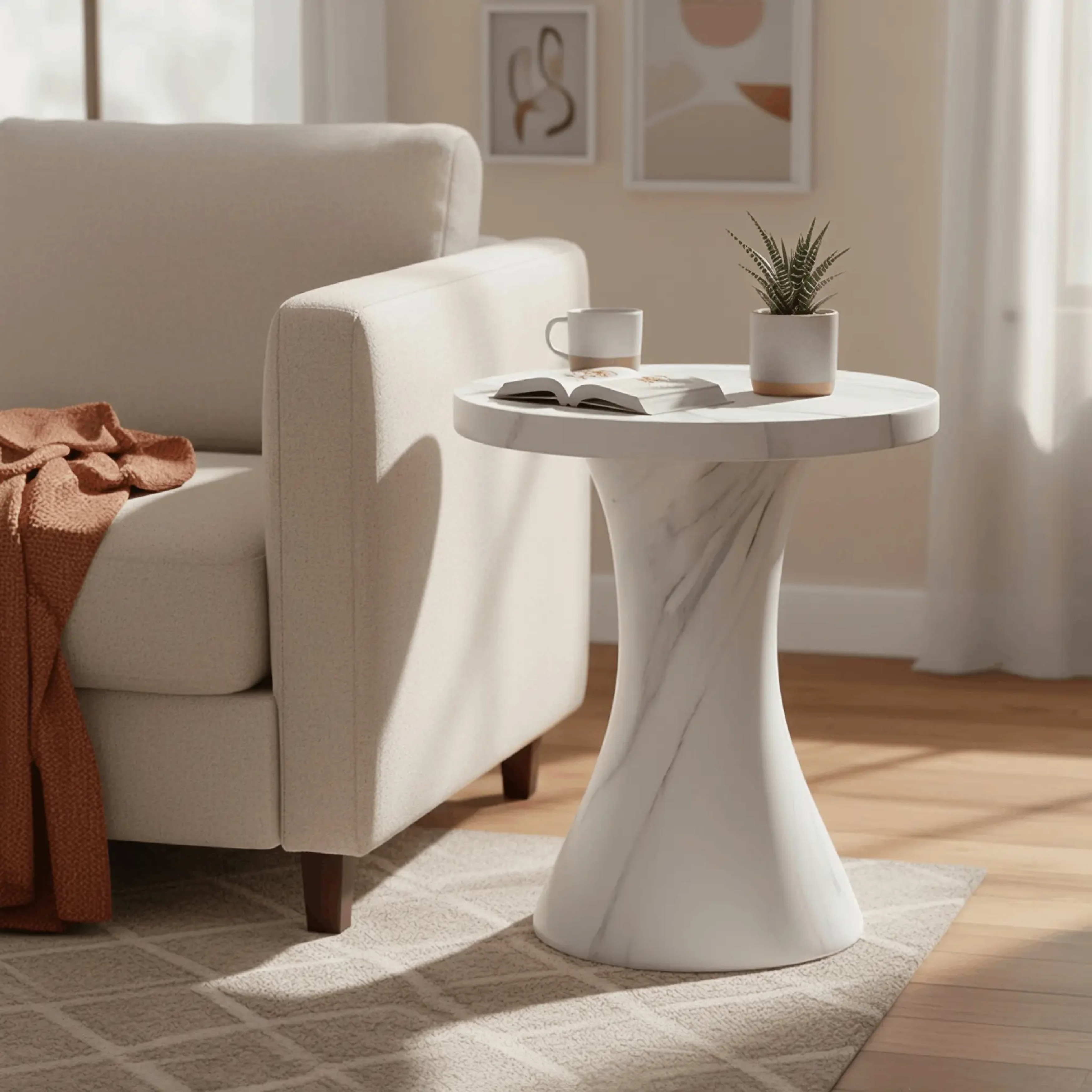 Isidra 19" Round Fiberstone Side Table with Marble-Inspired Finish and Flared Pedestal Base