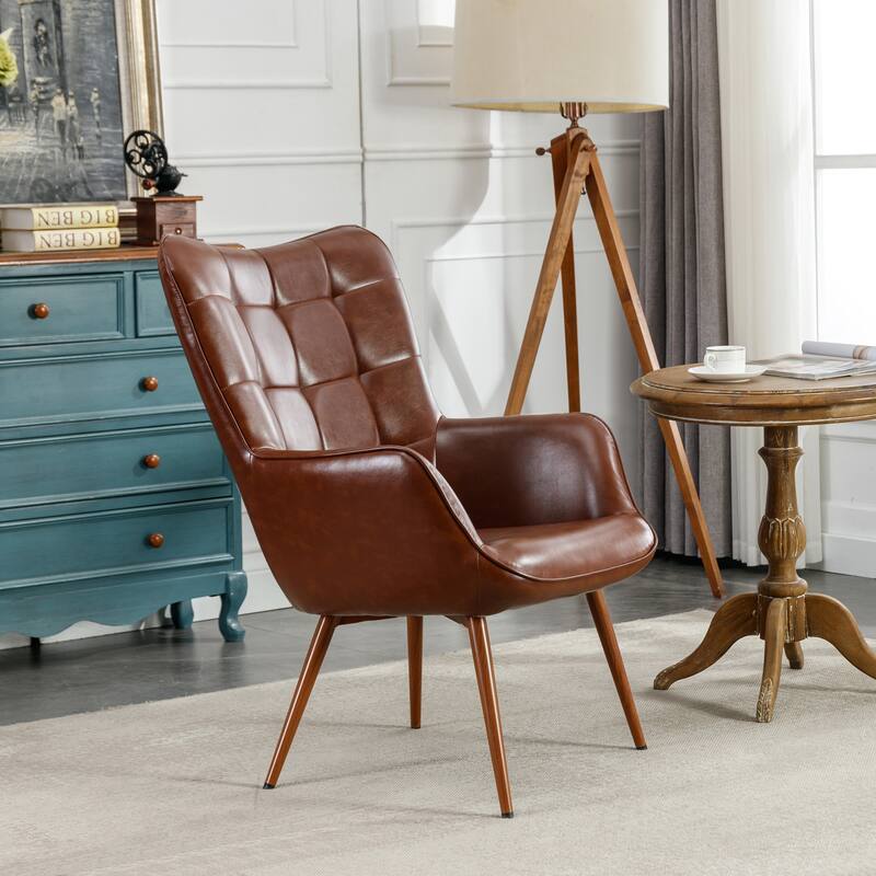 Vintage Wingback Chair Tufted Button PU Leather Accent Chair