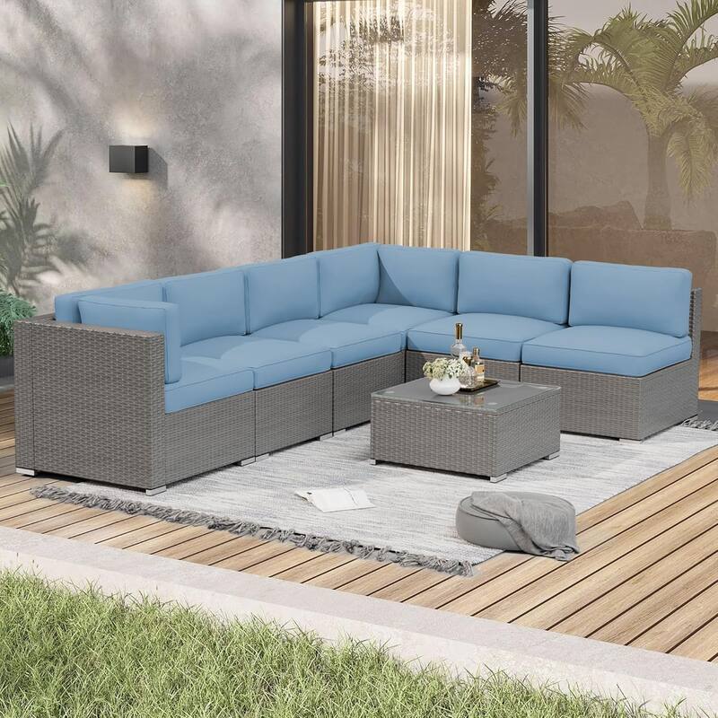 7 Piece Outdoor Patio Furniture Set Grey/Black Wicker Conversation Sectional Sofa Set with Coffee Table and Cushions