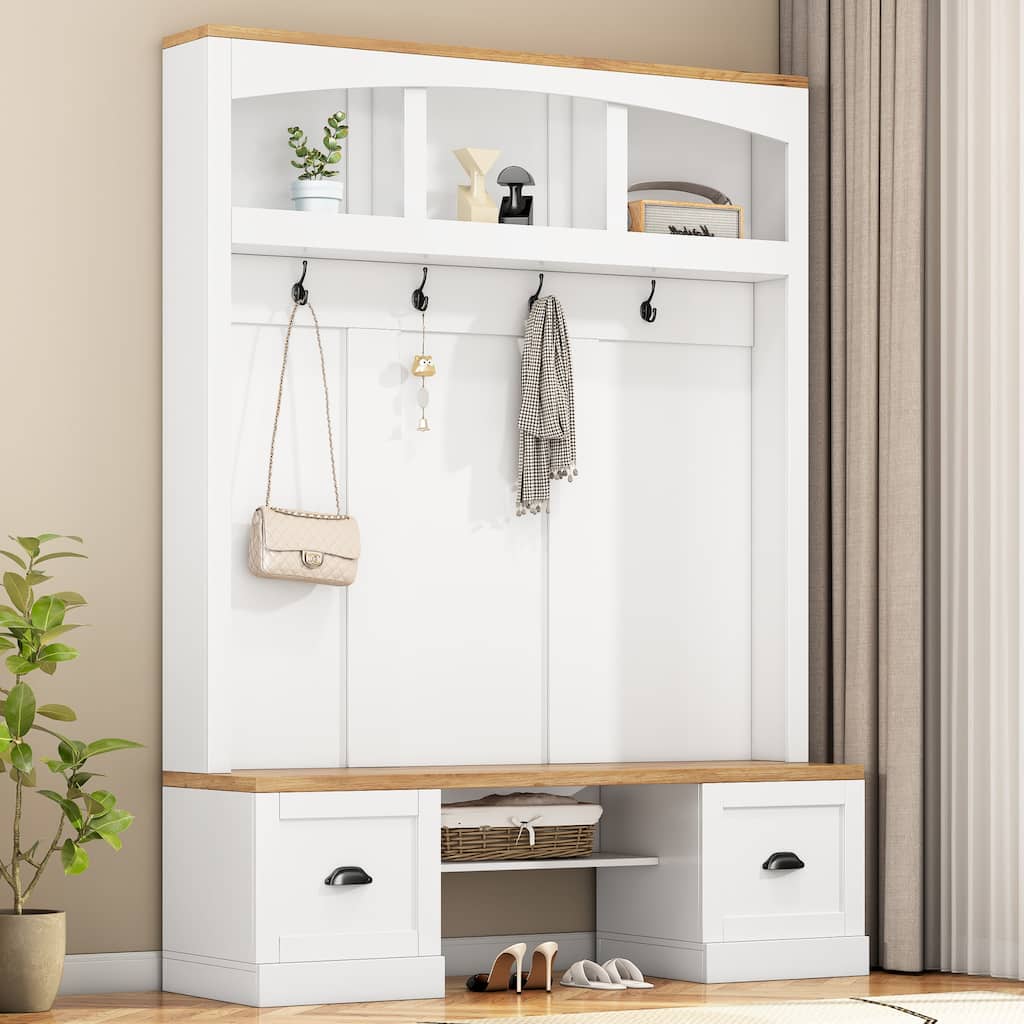 Farmhouse 4-in-1 Hall Tree with Adjustable Shelves and Hooks