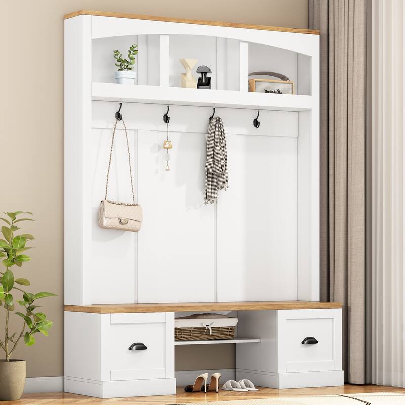 Farmhouse Hall Tree with Wood Grain Bench, Hooks and Bottom Cabinets - White