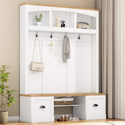 Farmhouse Hall Tree with Wood Grain Bench, Hooks and Bottom Cabinets