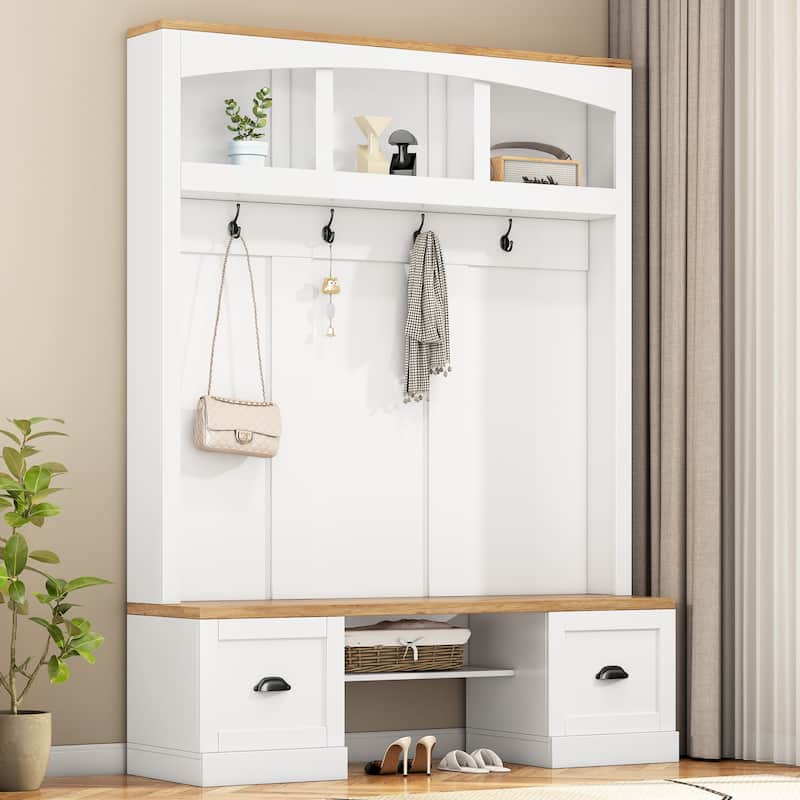 Hall Tree Entryway Cabinet with Wood Bench & Hooks, Coat Rack Storage Cabinet with Adjustable Shelves