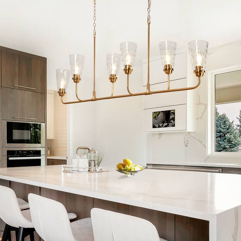Modern Gold 6-Light 54-IN Linear Chandelier Glass Kitchen Island Lights for Dining Room - W 54" x H 22.4"