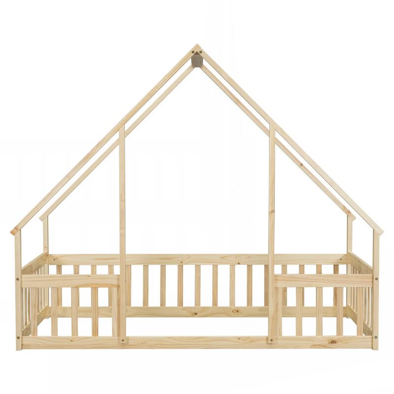 Twin Wood House-Shaped Floor Bed with Fence