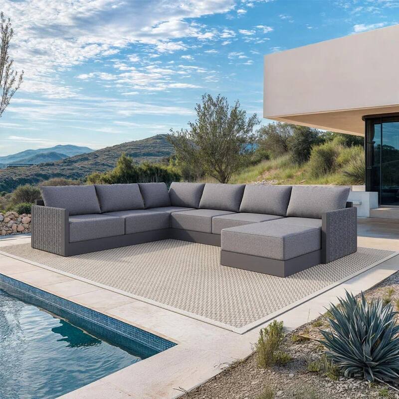 PURPLE LEAF Sanori Patio Conversation Set with Grey Ottoman and Cushion Patio Sofas Sectional Set for Poolside Graden - 7-Piece