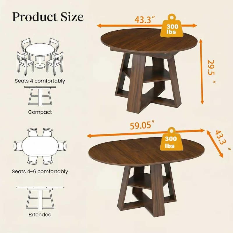 43.3in-59in Extendable Round Dining Table for 4-8, Oval Dining Table with Removable Leaves Space Saving with Storage Shelf