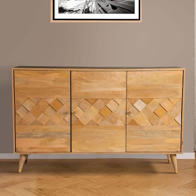 Liv 56 Inch 3 Door Sideboard Cabinet Console, Geometric, Natural Brown
