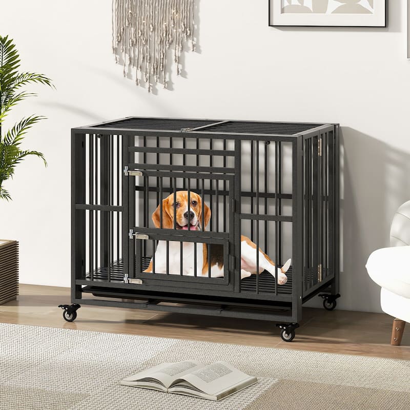 Gymax Foldable Heavy-Duty Metal Dog Cage w/ Lockable Universal Wheels