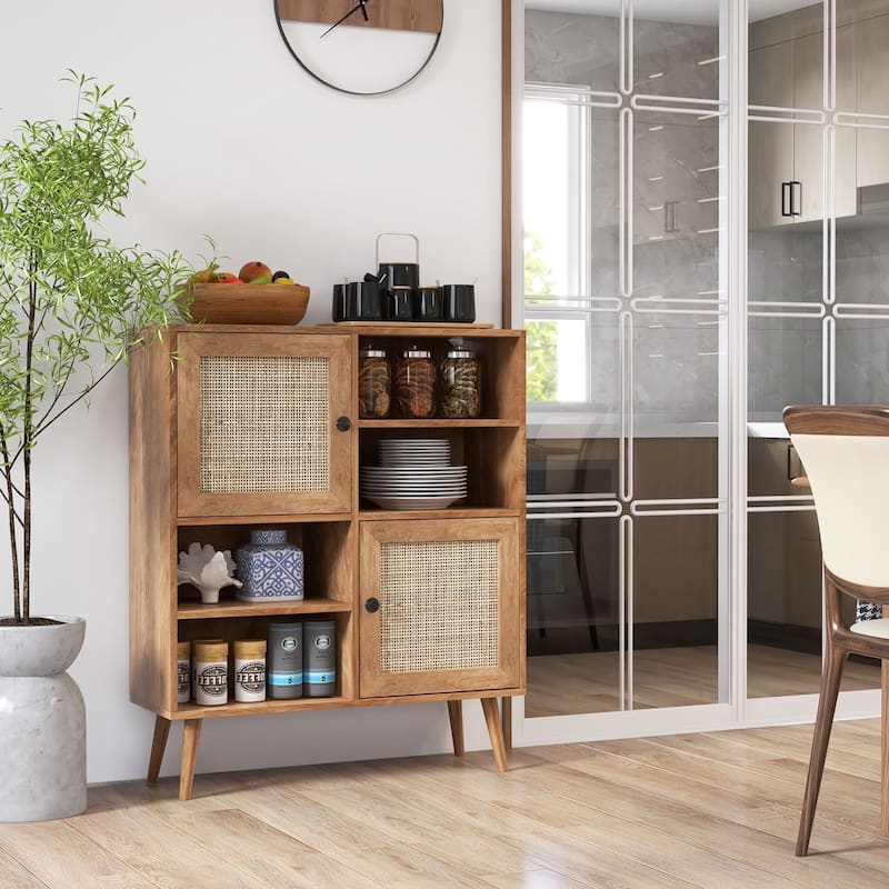 Boho Rattan Storage Cabinet with 2 Doors and 4 Cubbies Wood Buffet Sideboard for Kitchen - 31.5" x 11.5" x 38"