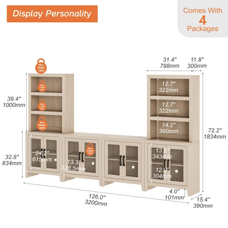 WAMPAT Farmhouse Entertainment Center with Bookshelves, Modular TV Stand with Storage Cabinets & Glass Doors
