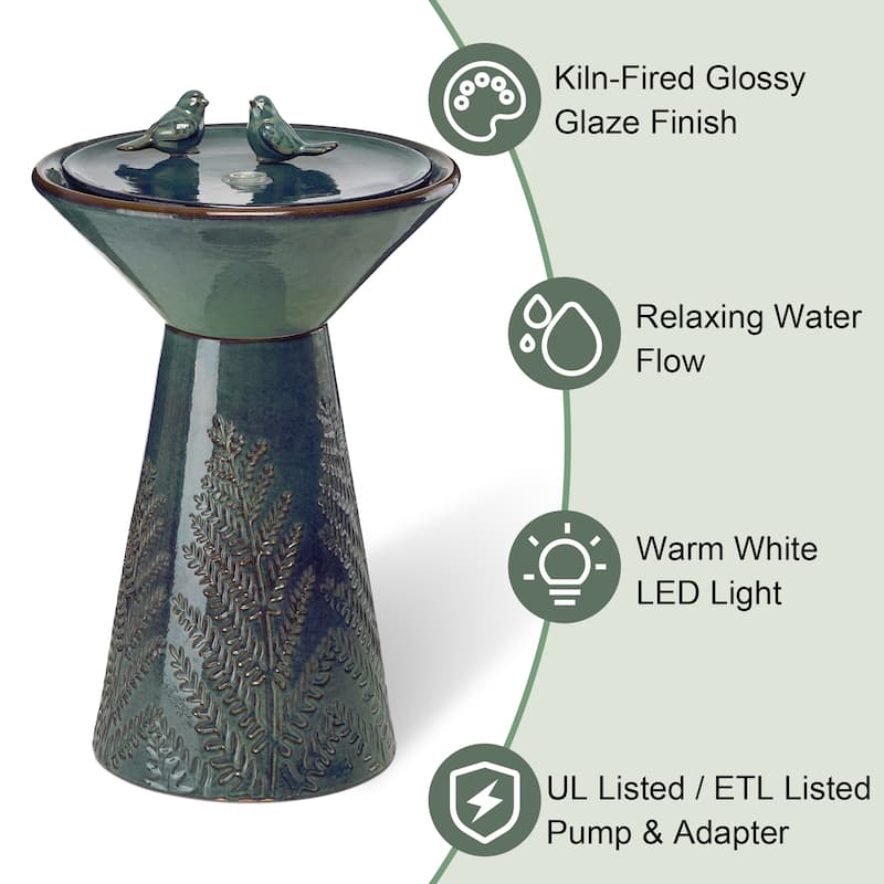 Glitzhome 27.5"H Two Birds Embossed Ceramic LED Birdbath Patio Outdoor Fountain