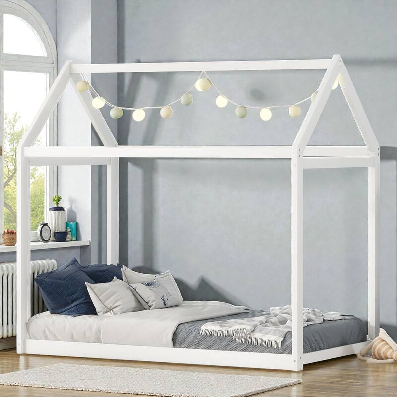 Twin Size Wooden House Bed Frame for Kids, Pine Wood Playhouse Bed with Roof Design, No Box Spring Needed - White - Twin