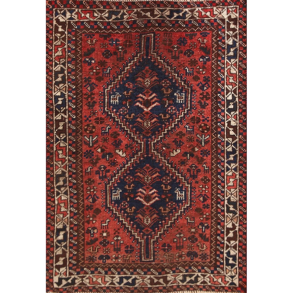 Tribal Shiraz Persian Antique Area Rug Hand-Knotted Wool Carpet - 3'2"x 4'10"