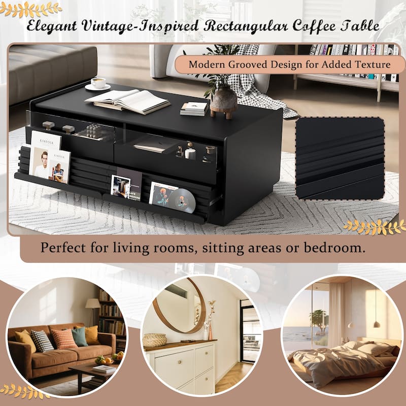 Modern Coffee Table with Tempered Glass Drawers & Grooved Design, End Table Office Table with Open Display Shelves