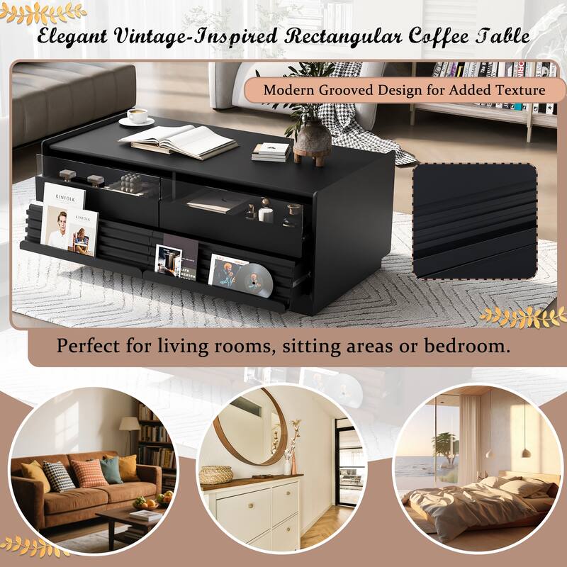 Modern Rectangle Coffee Table With 4 Drawers And 2 Display Shelves,47.2" Wood Coffee Table With Fluted Style,Tempered Glass