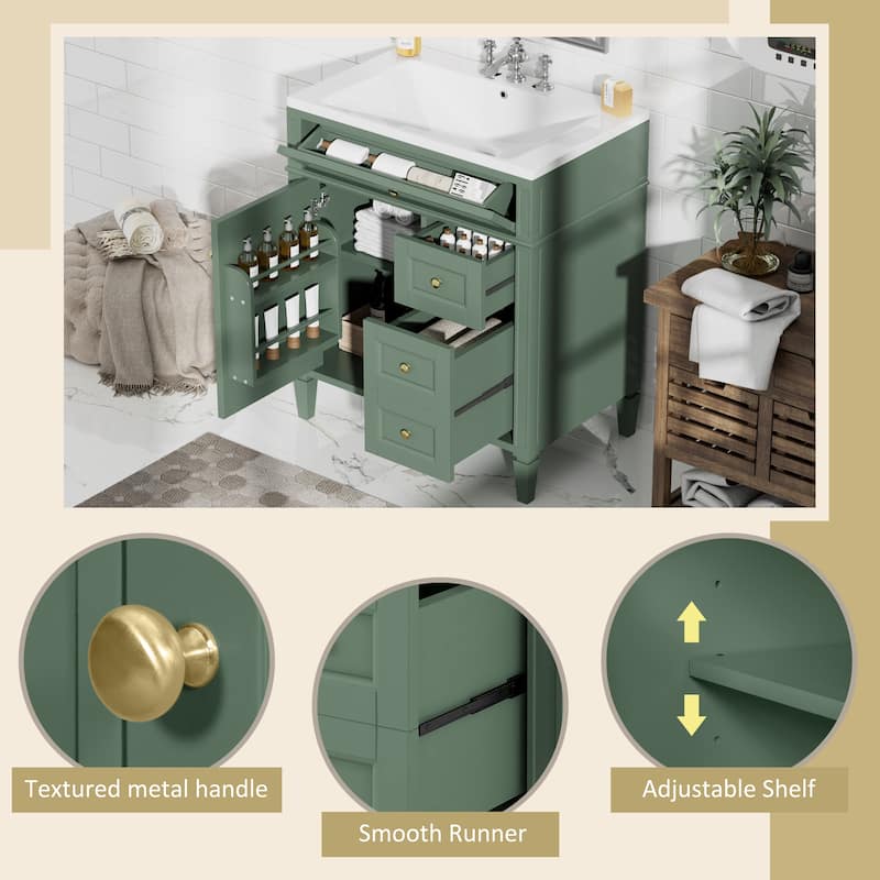 30 Inch Bathroom Vanity with Sink, 3 Drawers and Door Organizer, Resin Top, Solid Wood & MDF Cabinet