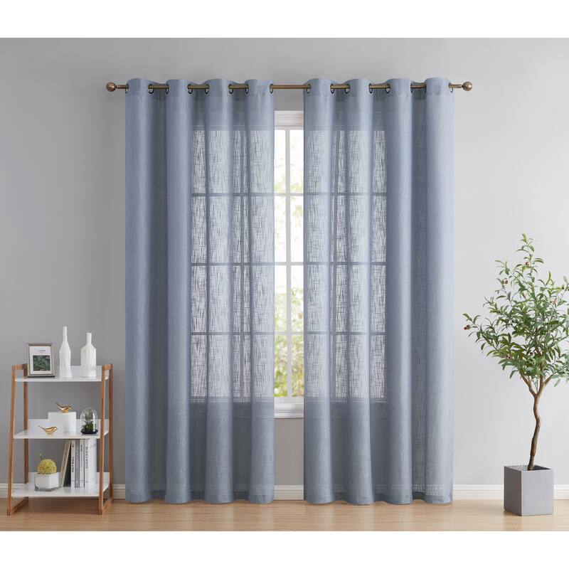 HLC.me Abbey Faux Linen Textured Semi Sheer Privacy Light Filtering Transparent Window Grommet Curtain Panels, Pair - 54 W x 72 L per panel - Set of 2 - Dusty Blue