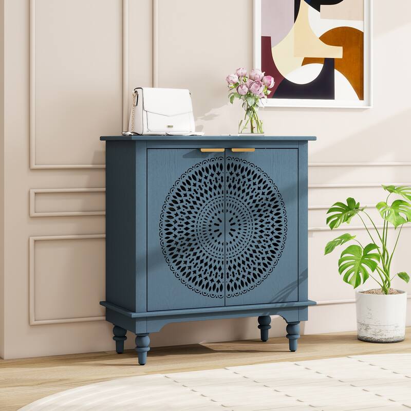 GDFStudio - Manchuria Crest American Style Hollow-Carved Storage Accent Cabinet with 2 Doors