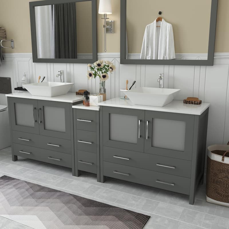 Vanity Art 84" Double Sink Bathroom Vanity Set with Engineered Marble Top and Free Mirrors
