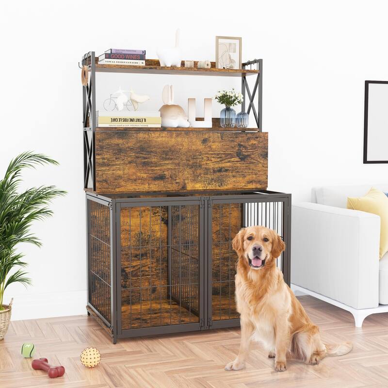 42.5 Inch Dog Crate Furniture with Shelves - Brown