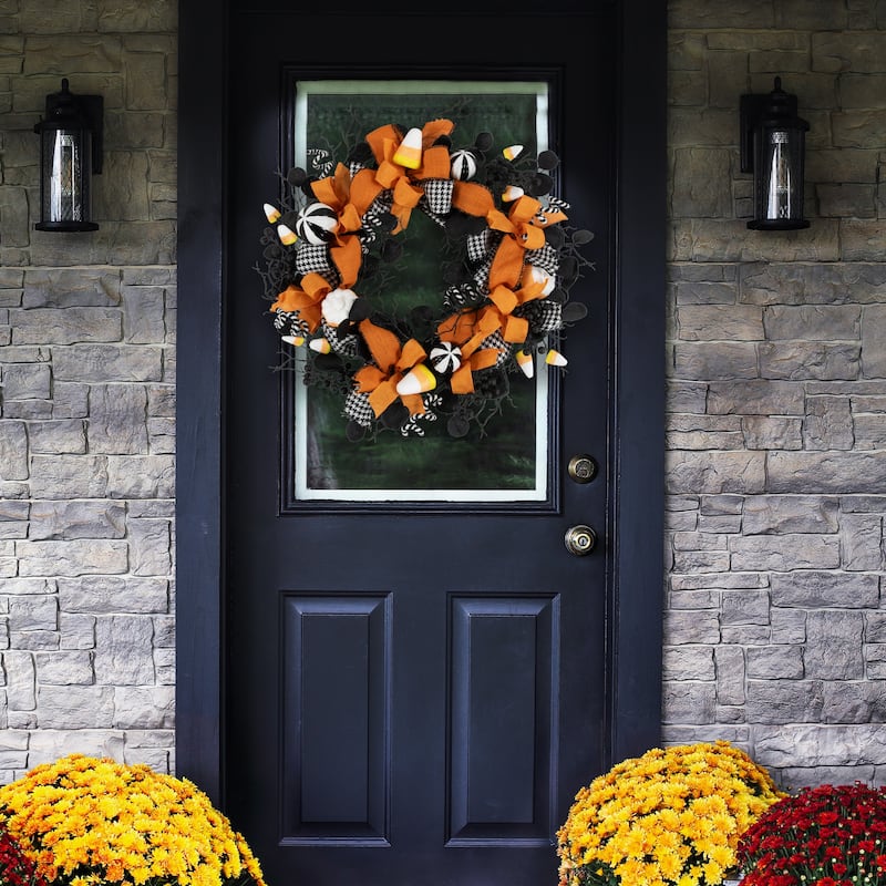 Houndstooth Bows and Candy Corn Halloween Wreath - 24"