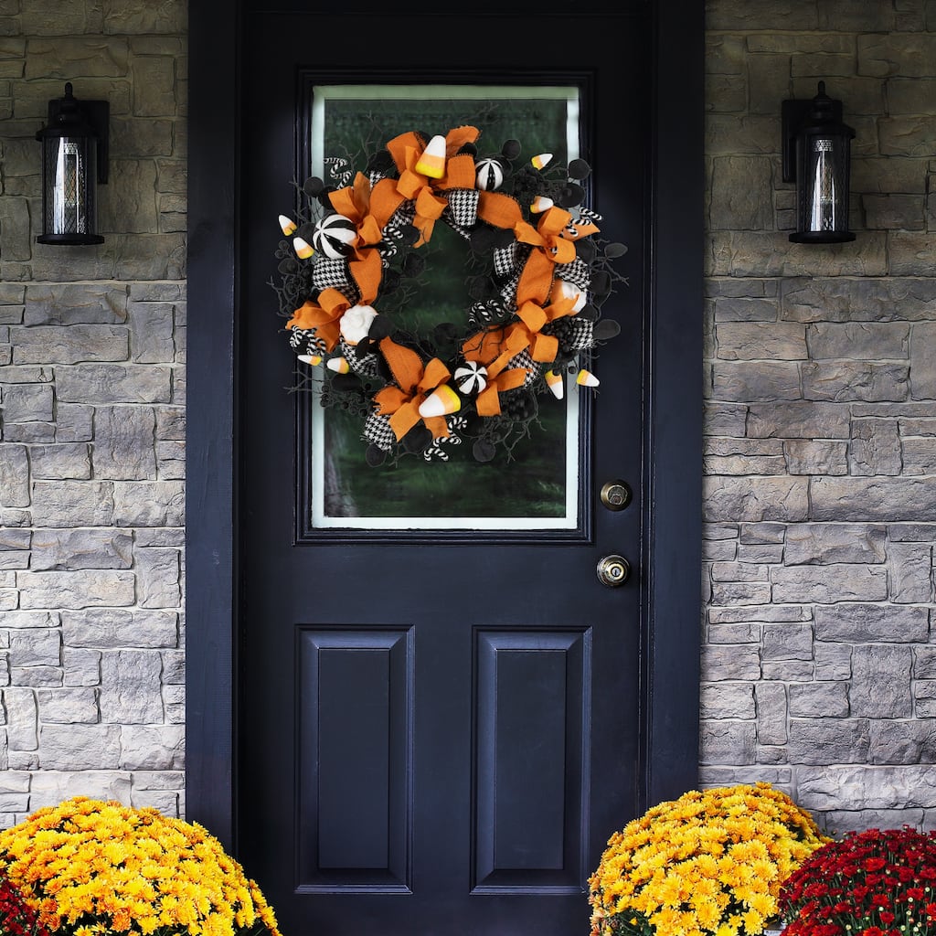 Houndstooth Bows and Candy Corn Halloween Wreath - 24" - Unlit