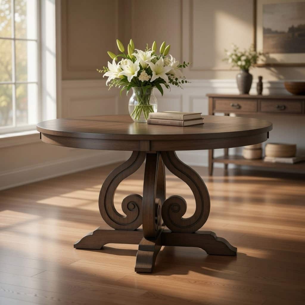 Luon 54 Inch Dining Table, 6 Seater Round Top, Scrolled Metal Base, Brown