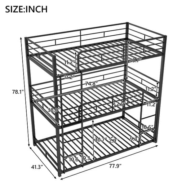 Black Twin Size Steel Triple Bunk Bed with Full-Length Guardrails and Two Ladders