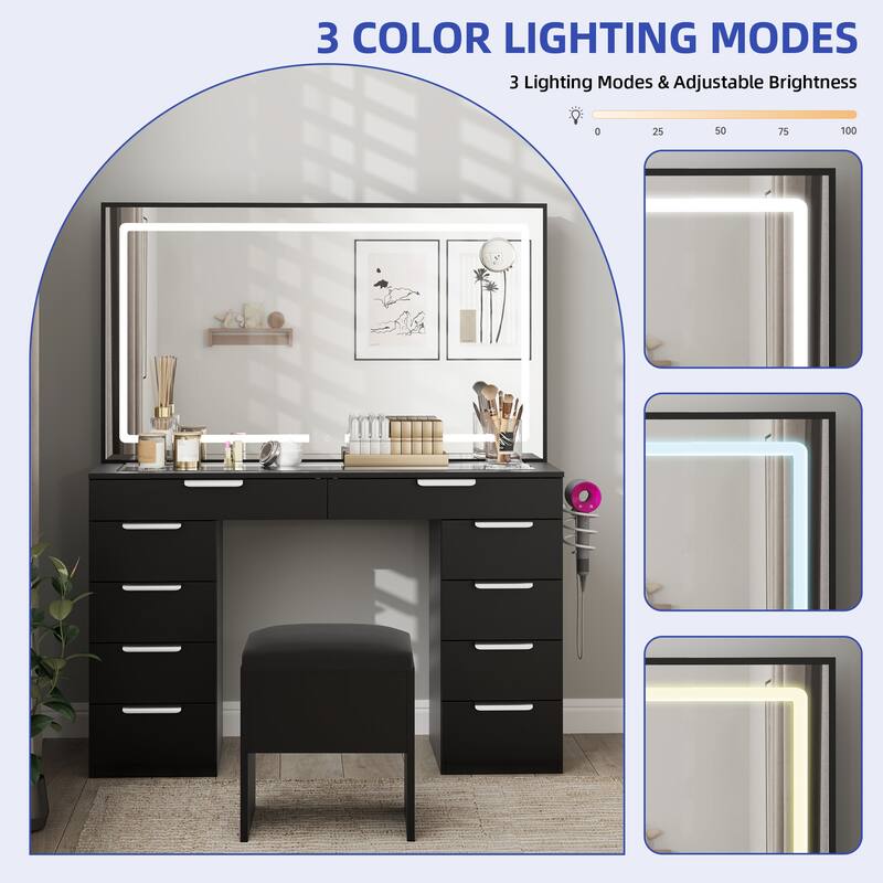 Moasis White 10-Drawer Cosmetic Vanity Desk Set with Glass Tabletop Makeup Vanity with LED Strip
