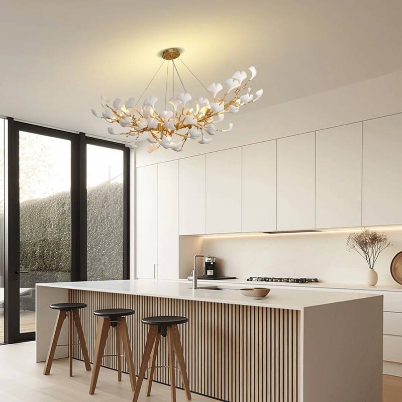 KAYLA Modern Gold Tree Branch Ginkgo Leaf Chandelier - 55" Rectangle Ceramic & Aluminum Design