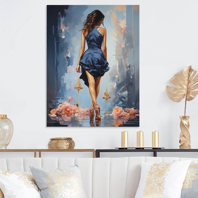 Designart "Blue And Pink Glamorous Gait Painting Of Woman'S Heels I" Fashion Woman Blue Metal Art Modern Metal Art Work
