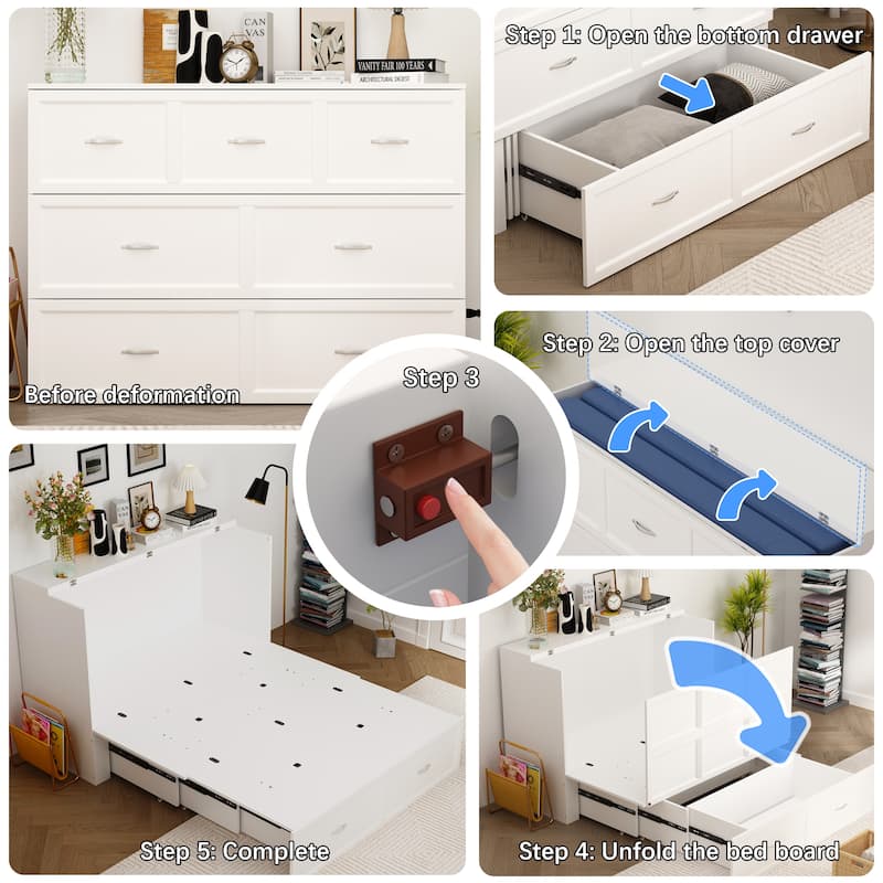 Modern Wood Full Murphy Bed Chest in White Finish Dresser 2-1 Cabinet