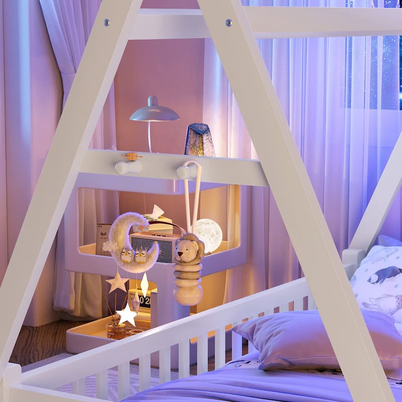 Twin Size Low House Tent Bed with Removable Roof Convertible Floor Bed with Fence, No Door for Kids Boys Girls