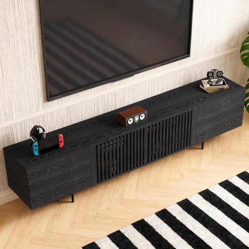 Stylish mid-century modern TV stand for up to 80" TVs. Ample storage for media devices, cable management. easy assembly.