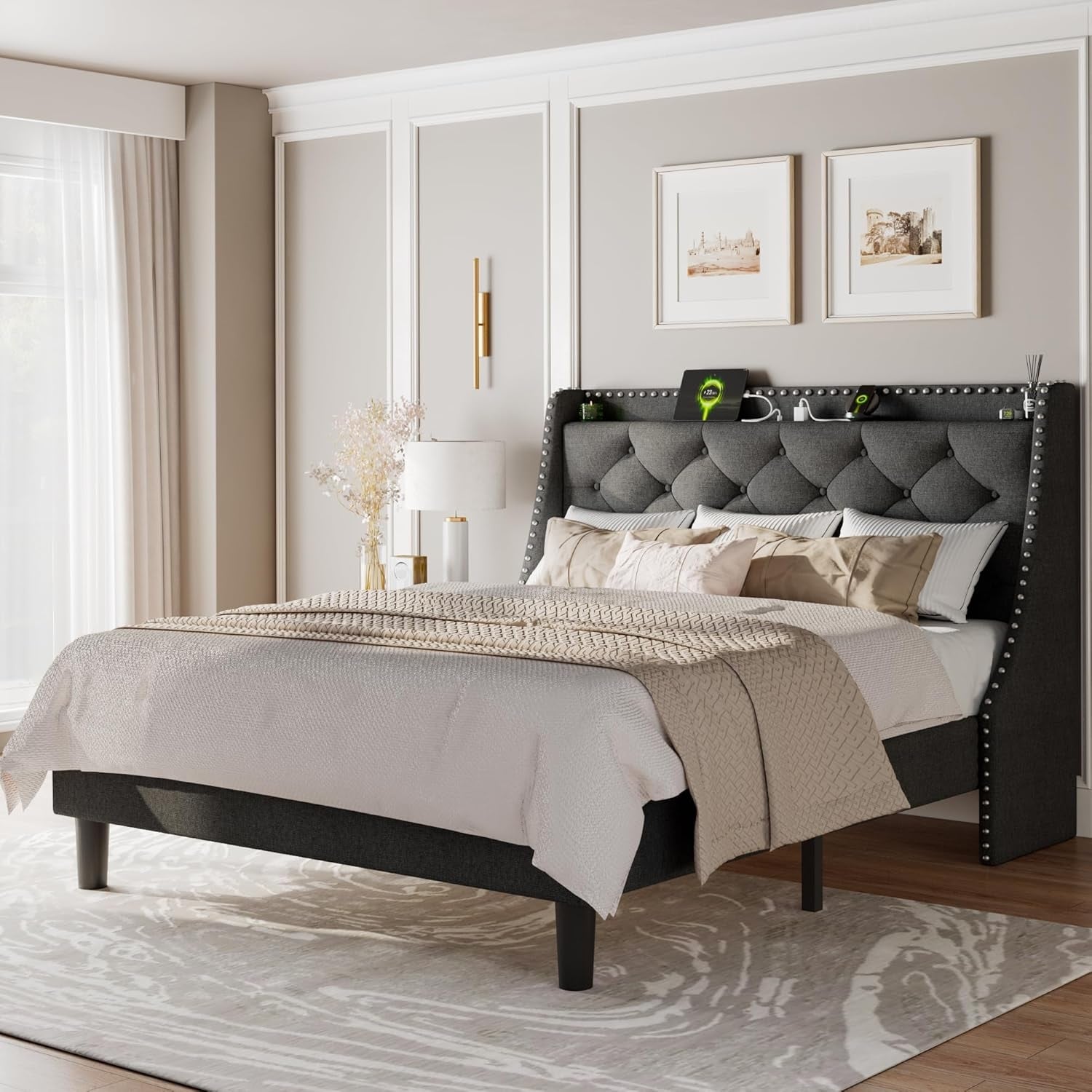 Full Size Bed Frame with Wingback Headboard, Charging Station, Storage, and Easy Assembly, Dark Gray