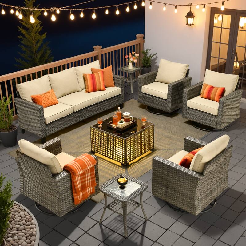 OVIOS 8 Pieces Outdoor Swivel Chair Set with Solar-Powered Table - Beige