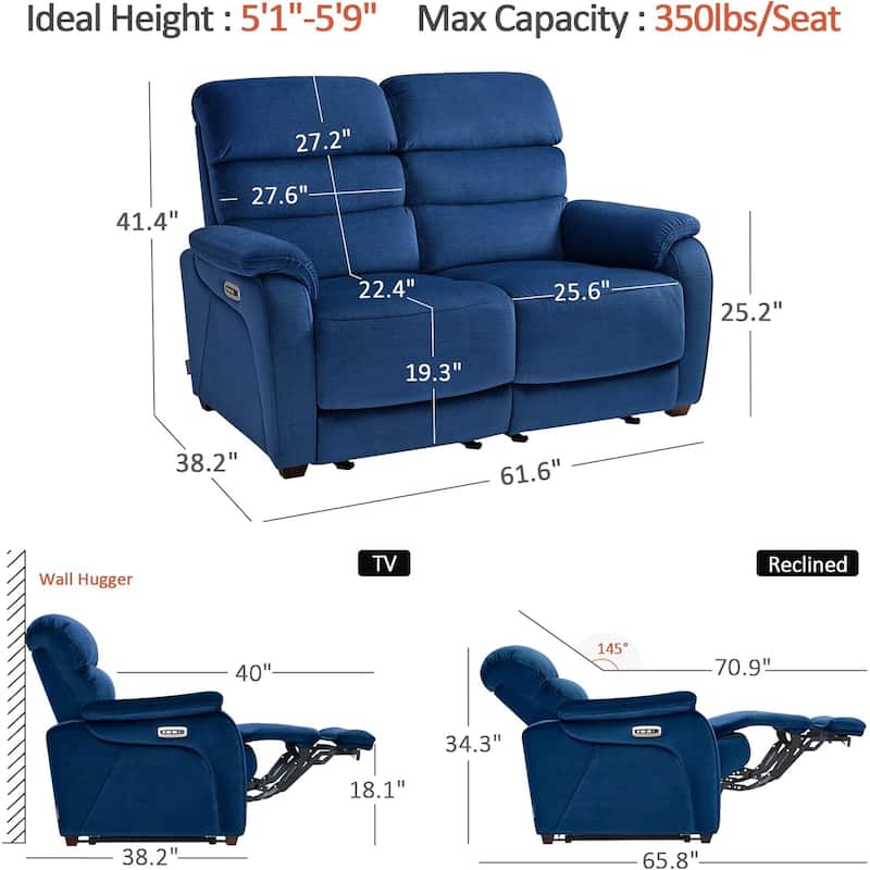 MCombo 61.6'' Wall Hugger Power Loveseat Recliner Sofa with Adjustable Headrest and USB A & C Charge Ports