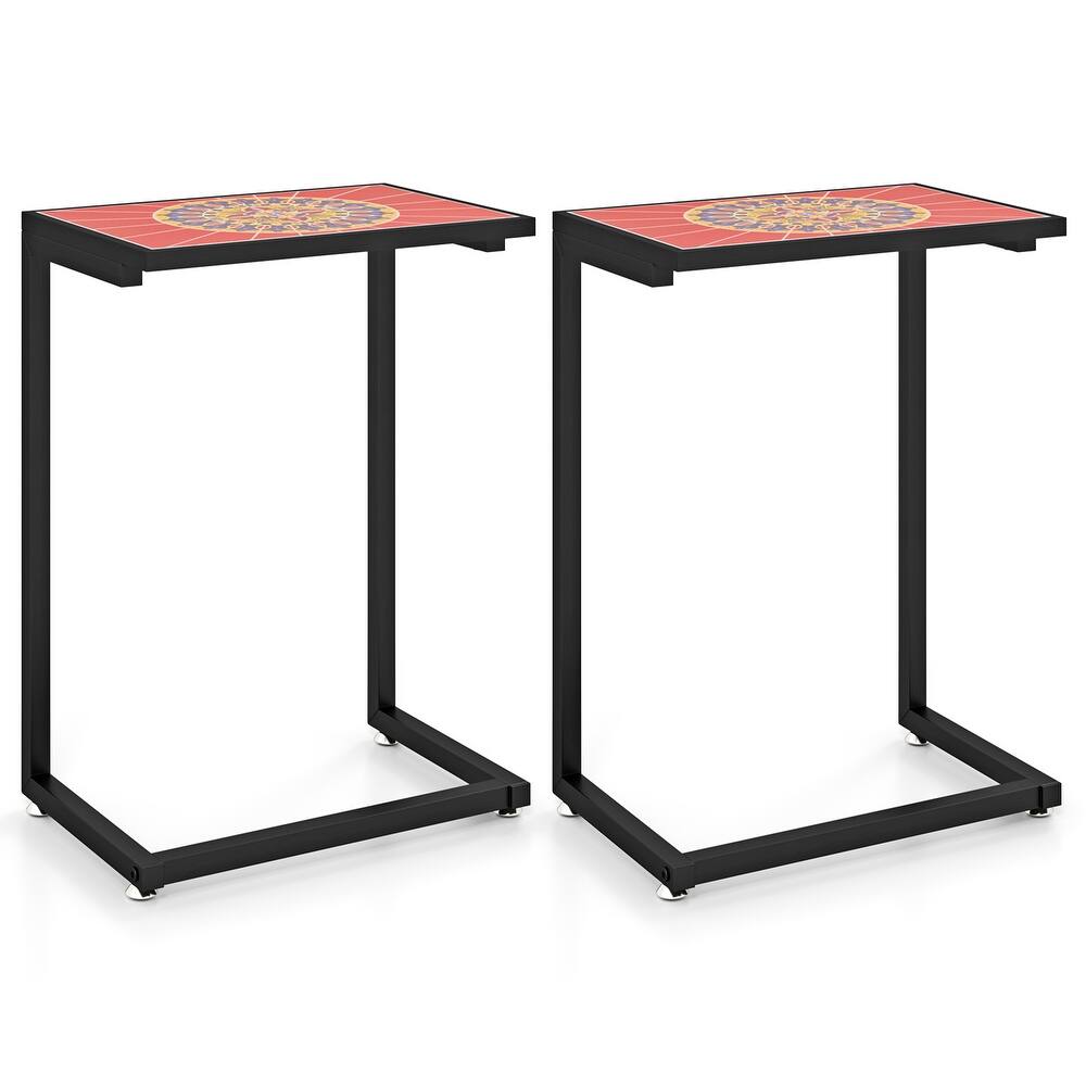 Gymax 2PCS Mosaic Outdoor C-Shaped End Table w/ Ceramic Tile Top