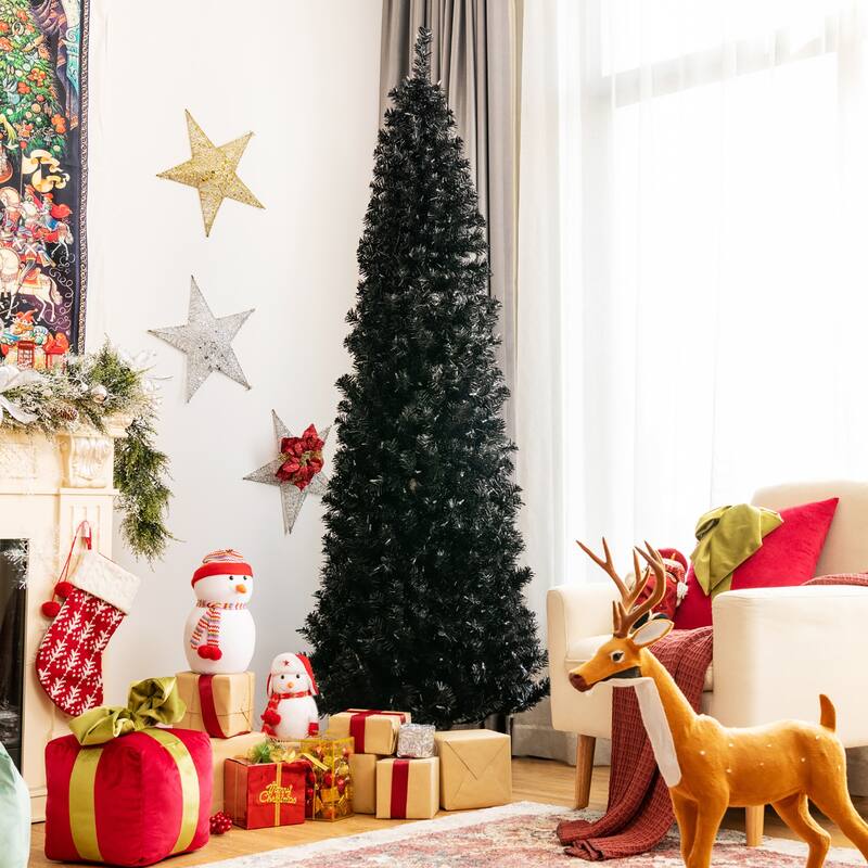 Gymax 6/7 FT Pre-lit Black Christmas Tree Artificial PVC Slim Pencil - See details