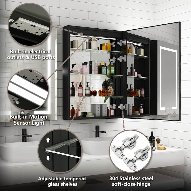 Rectangular Aluminum Recessed/Surface Mount Frameless Anti-Fog Medicine Cabinet with Dimmable LED Lights