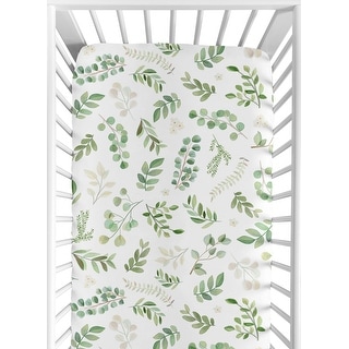 Floral Leaf Collection Girl Fitted Crib Sheet - Green and White Boho Watercolor Botanical Woodland Tropical Garden
